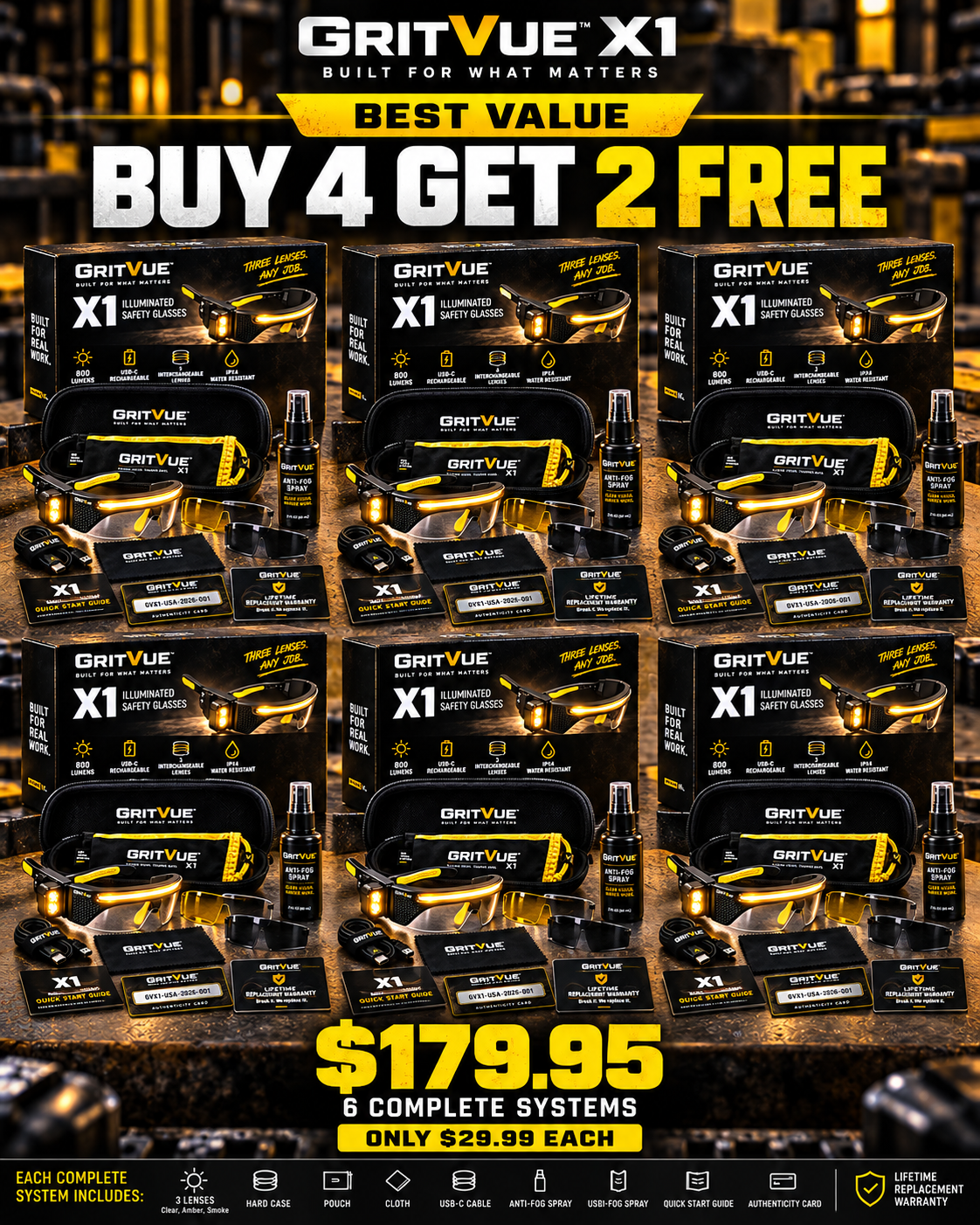 8 GritVue X1™ Illuminated Work Glasses + Lifetime Replacement Warranty. Break it. We replace it.