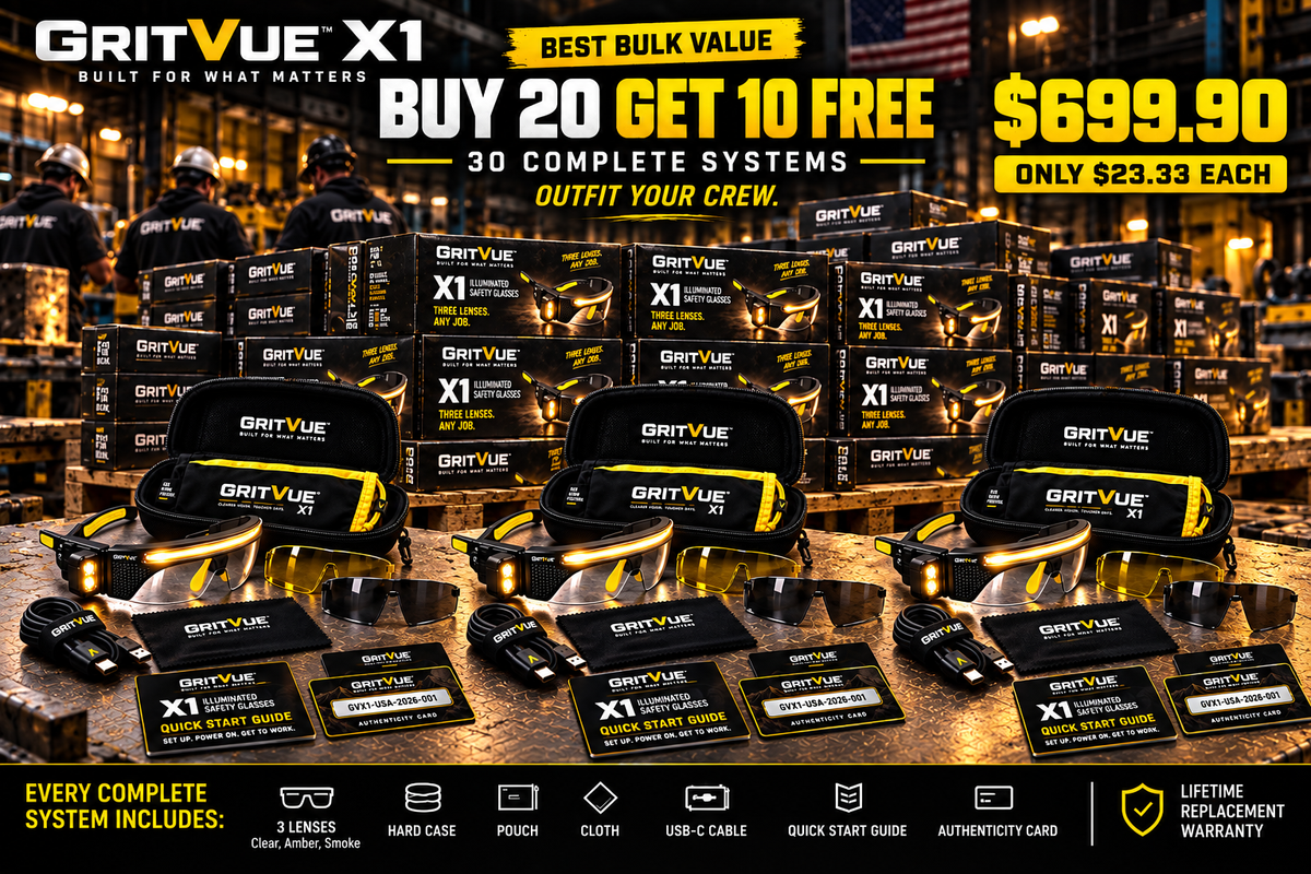 50 GritVue X1™ Illuminated Work Glasses + Lifetime Replacement Warranty. Break it. We replace it.