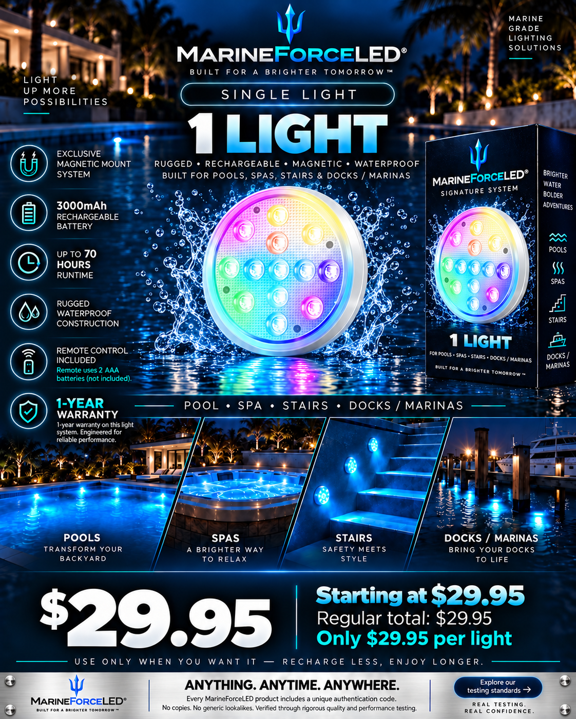 MarineForceLED M1 PRO - Professional-Grade Magnetic Pool & Marine Light